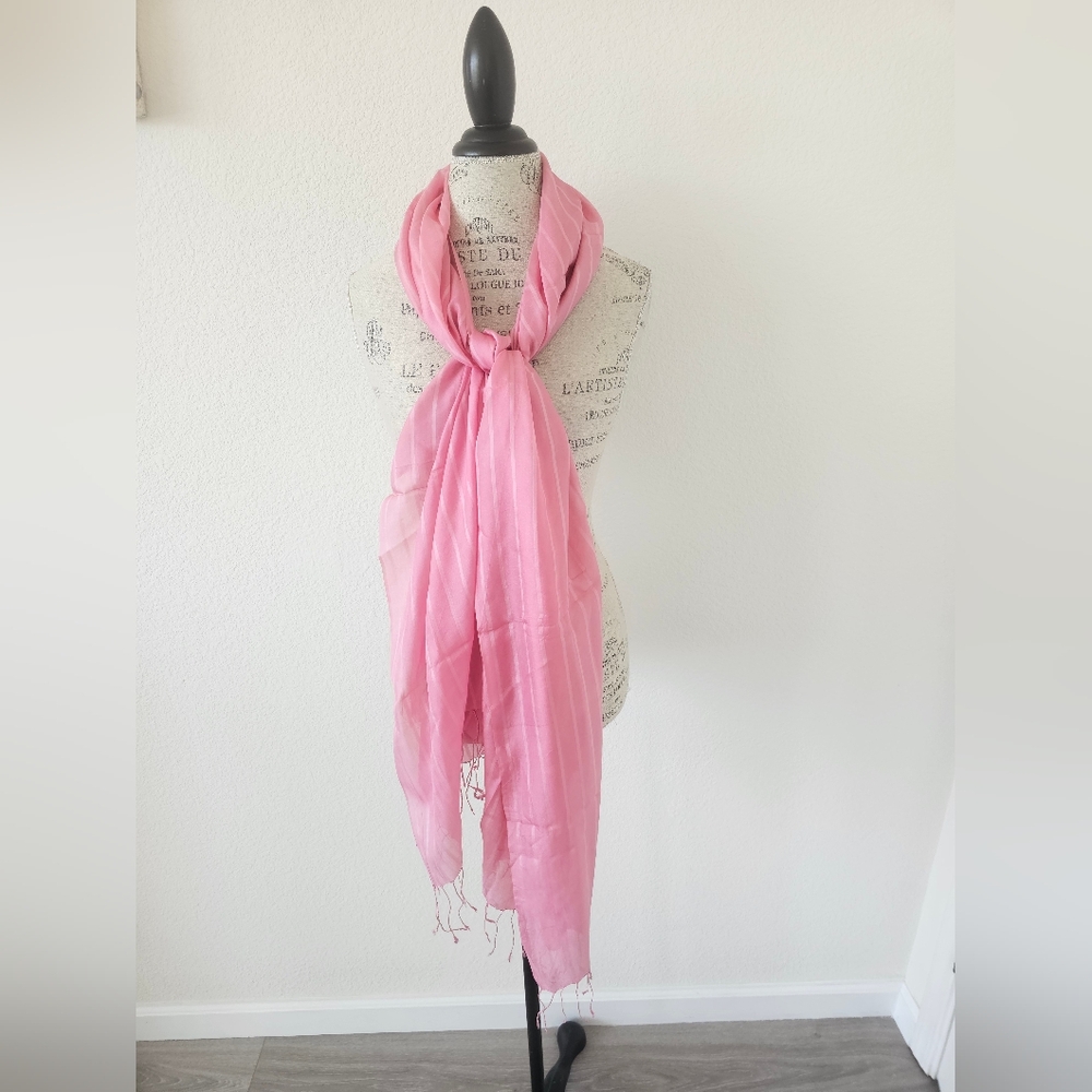 Charter Club 100% Silk Striped Oblong Scarf - Pastel Pink & White